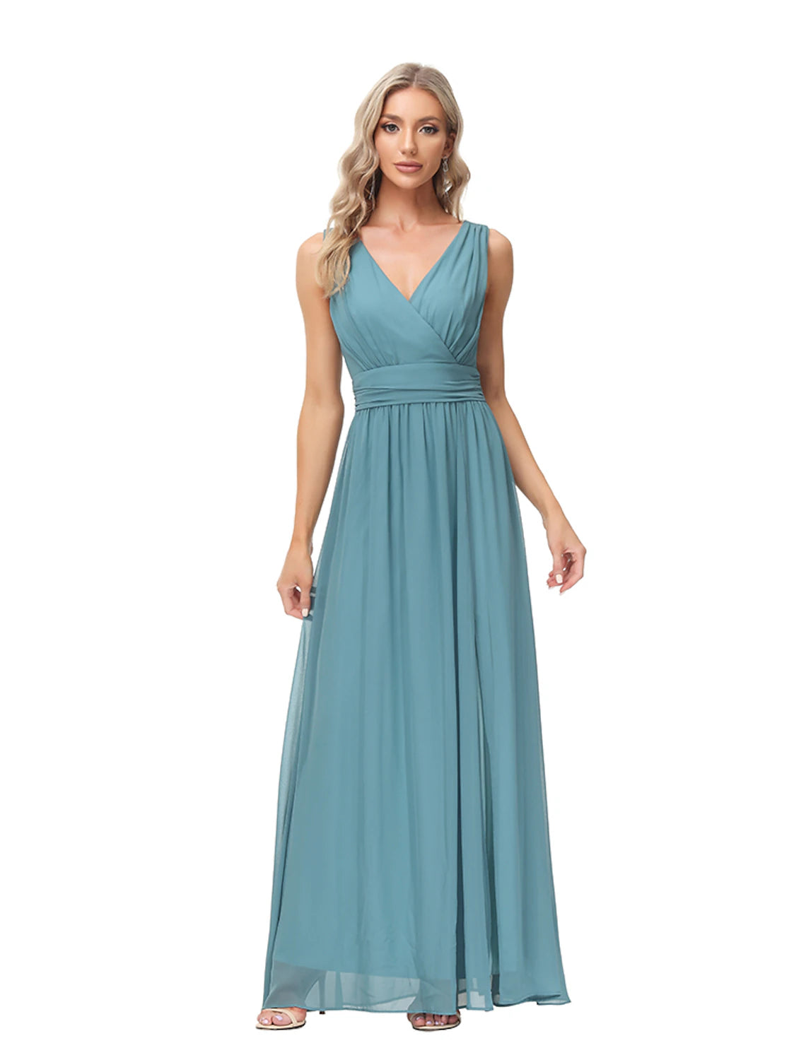 Wholesale A-Line Evening Gown Empire Dress Party Wear Wedding Guest Floor Length Sleeveless V Neck Bridesmaid Dress Chiffon V Back with Slit